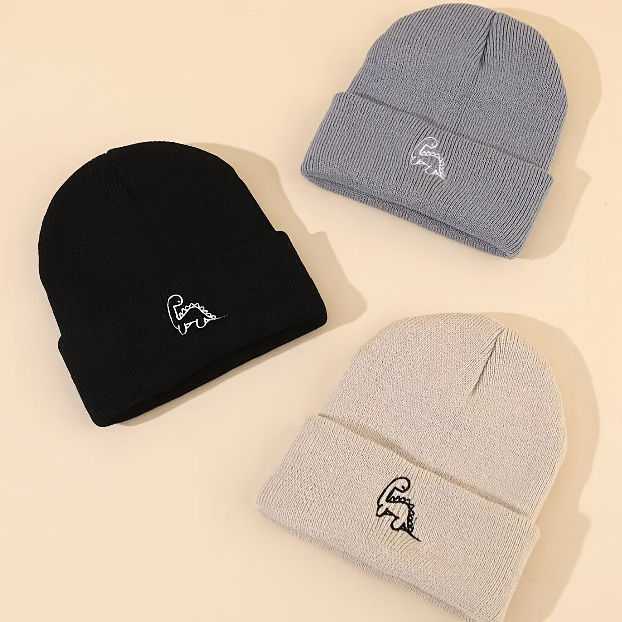 3pcs Mini Dinosaur Embroidered Beanie Knit Hat for, Unisex Outdoor Warm Cap for Travel and Photography, Suitable for All Seasons