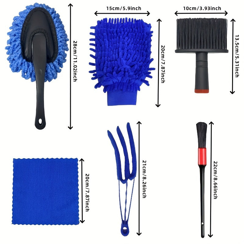 Complete Car Detailing Kit: Chenille Wash Mitt, Wheel Brush, Dusting Brush, Vent Cleaning Tool, Long & Short Brushes, Wax Applicator Sponge, and Duster - Non-Electric Auto Maintenance Set