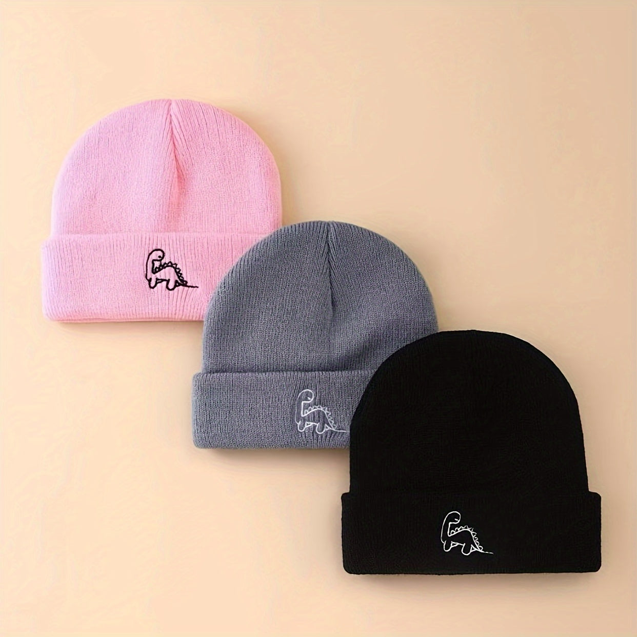 3pcs Mini Dinosaur Embroidered Beanie Knit Hat for, Unisex Outdoor Warm Cap for Travel and Photography, Suitable for All Seasons