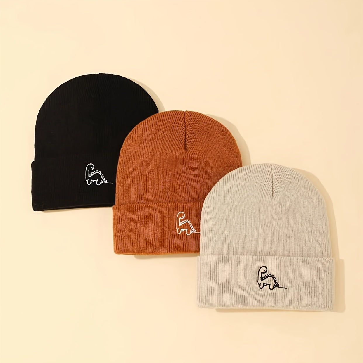 3pcs Mini Dinosaur Embroidered Beanie Knit Hat for, Unisex Outdoor Warm Cap for Travel and Photography, Suitable for All Seasons