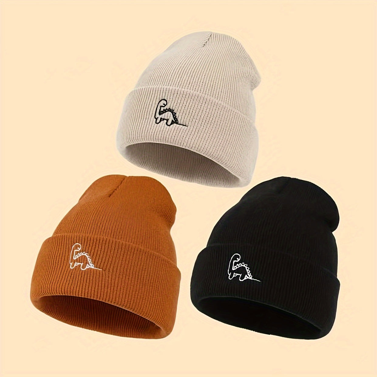 3pcs Mini Dinosaur Embroidered Beanie Knit Hat for, Unisex Outdoor Warm Cap for Travel and Photography, Suitable for All Seasons