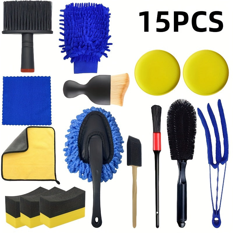 Complete Car Detailing Kit: Chenille Wash Mitt, Wheel Brush, Dusting Brush, Vent Cleaning Tool, Long & Short Brushes, Wax Applicator Sponge, and Duster - Non-Electric Auto Maintenance Set