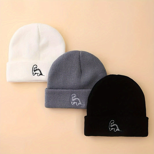 3pcs Mini Dinosaur Embroidered Beanie Knit Hat for, Unisex Outdoor Warm Cap for Travel and Photography, Suitable for All Seasons