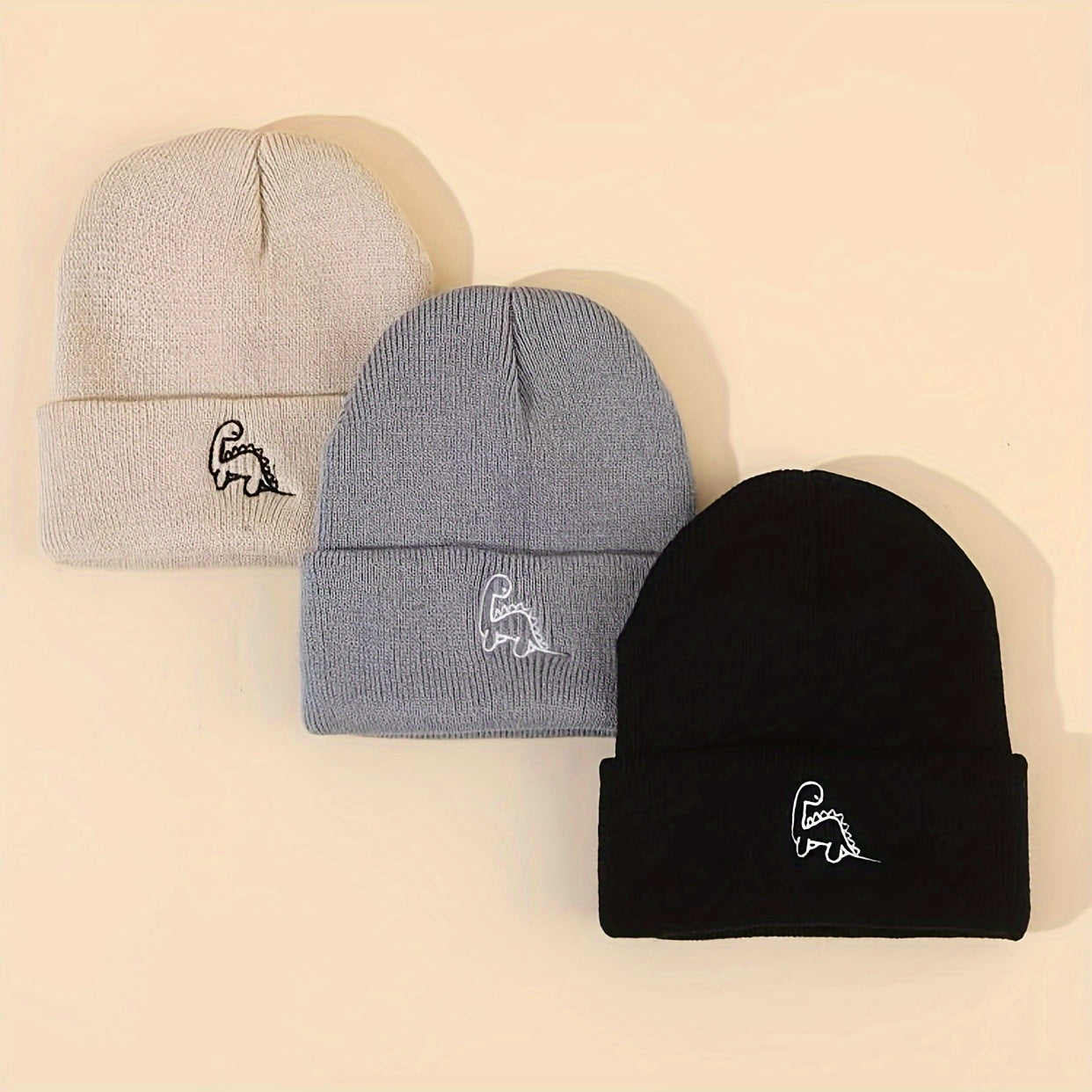3pcs Mini Dinosaur Embroidered Beanie Knit Hat for, Unisex Outdoor Warm Cap for Travel and Photography, Suitable for All Seasons