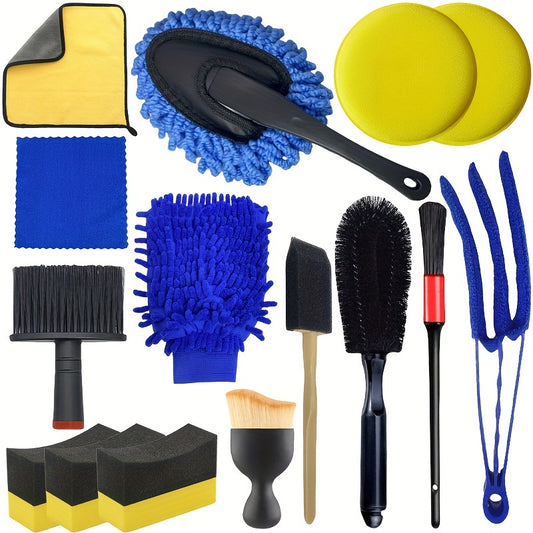 Complete Car Detailing Kit: Chenille Wash Mitt, Wheel Brush, Dusting Brush, Vent Cleaning Tool, Long & Short Brushes, Wax Applicator Sponge, and Duster - Non-Electric Auto Maintenance Set