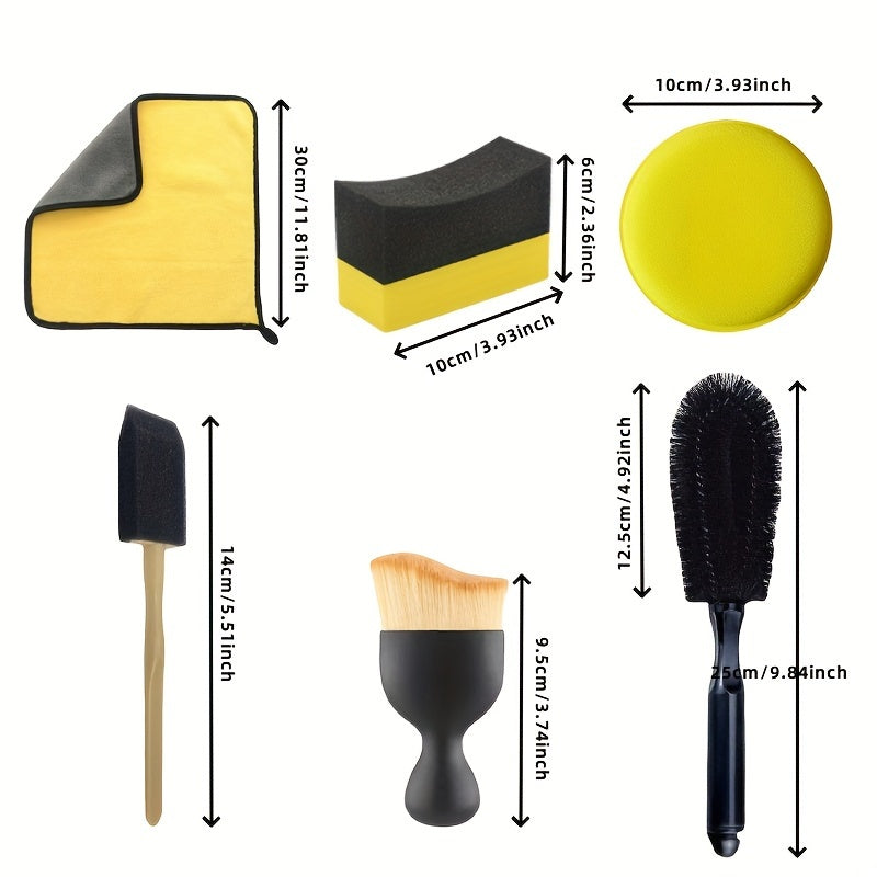 Complete Car Detailing Kit: Chenille Wash Mitt, Wheel Brush, Dusting Brush, Vent Cleaning Tool, Long & Short Brushes, Wax Applicator Sponge, and Duster - Non-Electric Auto Maintenance Set