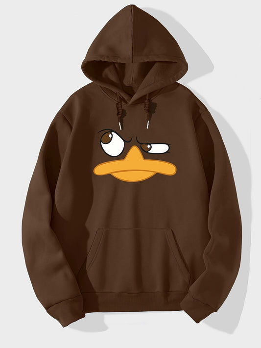 Men's Casual Cartoon Duck Face Hoodie - Polyester Knit Fabric, Loose Fit, All-Season Comfort, Casual Style with Hood, Elastic Microfiber Sweatshirt