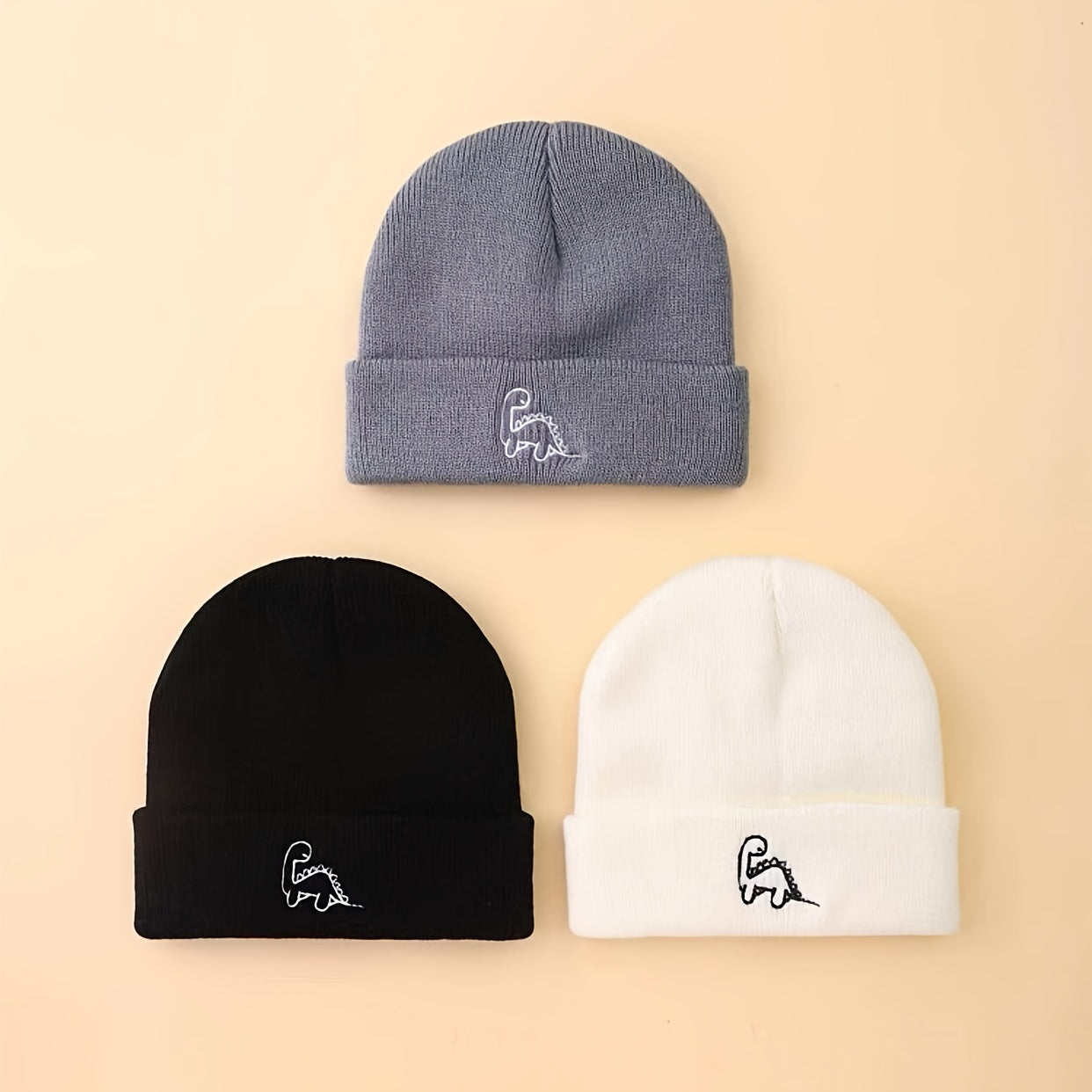 3pcs Mini Dinosaur Embroidered Beanie Knit Hat for, Unisex Outdoor Warm Cap for Travel and Photography, Suitable for All Seasons