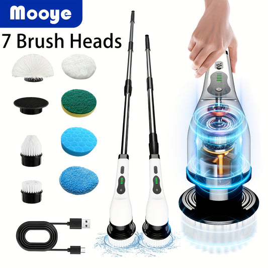 1pc Mooye Cordless Spin Scrubber, 7 Brush Heads, Adjustable Long Handle, 360-Degree Rotating Cleaning Brush for Bathroom, Tub, Tile & Floor, USB Rechargeable, 36V Max Voltage, Plastic Material with Expandable Function